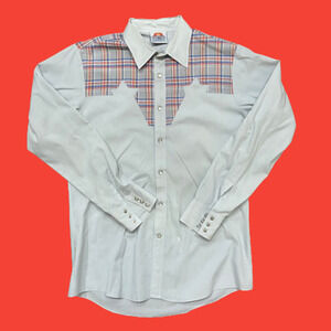 Saturdays Vintage Western Polyester Blend Plaid Gray Shirt Men's Size Large